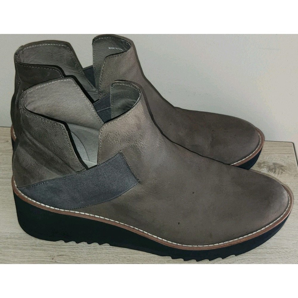 Eileen Fisher Gray Suede Leather Ankle Booties Platform Wedge Heel Comfort‎